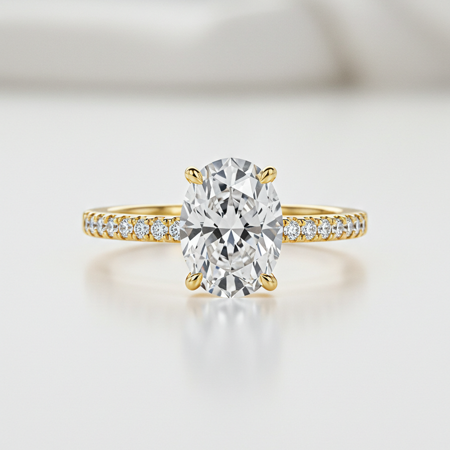 Gold ring with a large diamond and smaller diamonds on the band against a light background