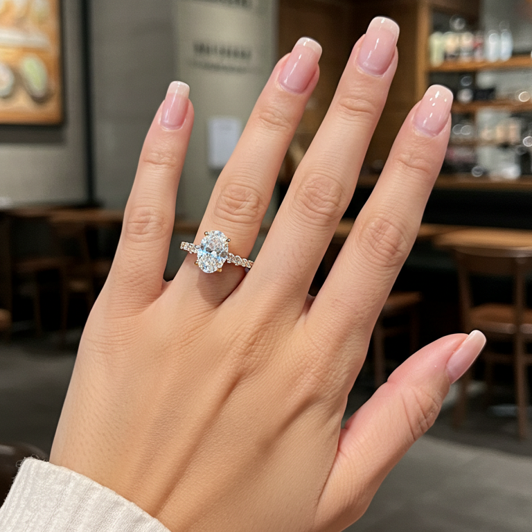 Hand wearing a diamond ring with a blurred cafe background