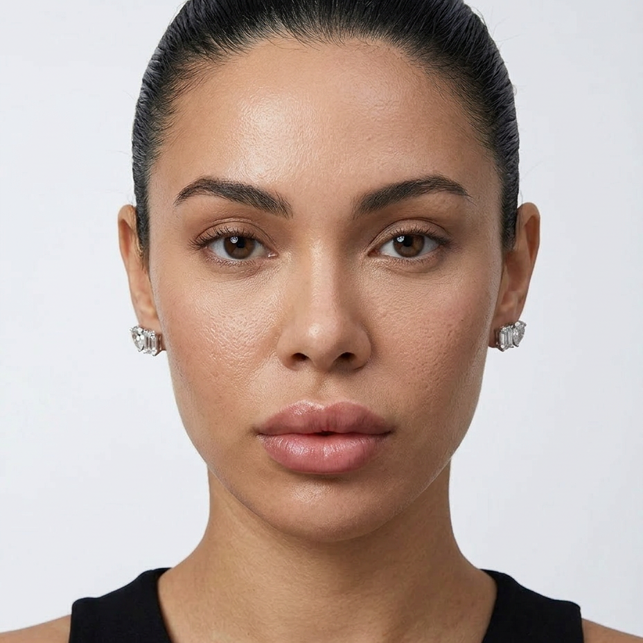 Woman wearing diamond earrings against a plain background